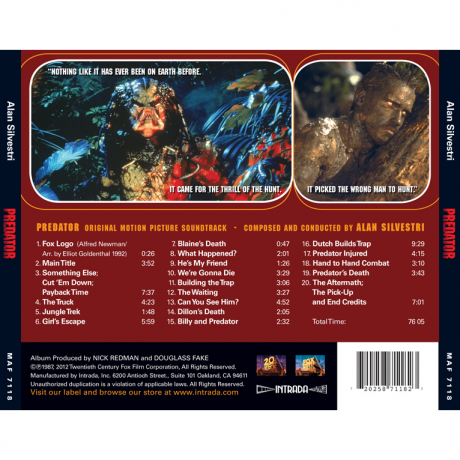Predator Soundtrack (CD) Release MAF 7118 (back cover)