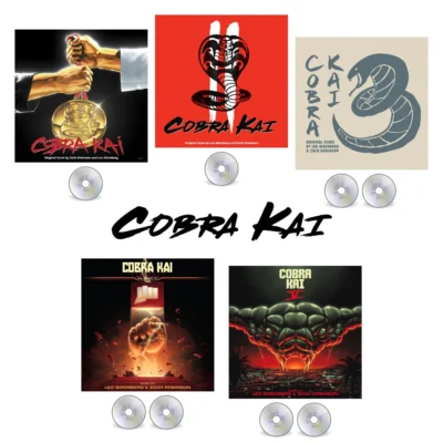 Cobra Kai Seasons 1,2,3,4 and 5 Soundtracks [group image of all 5 album covers!]